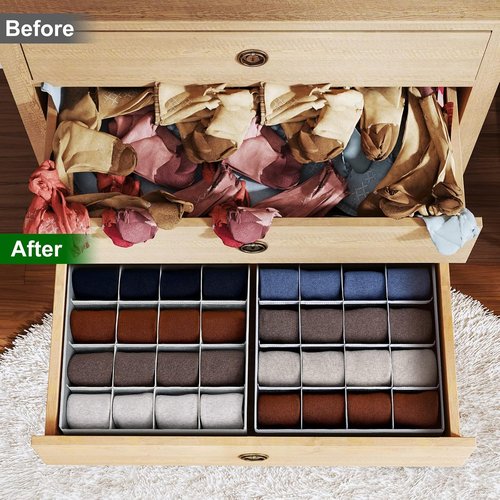 Homsorout Sock Organizers - 64-Cell Fabric Drawer Dividers for Socks & Ties | 4 Pack in Black