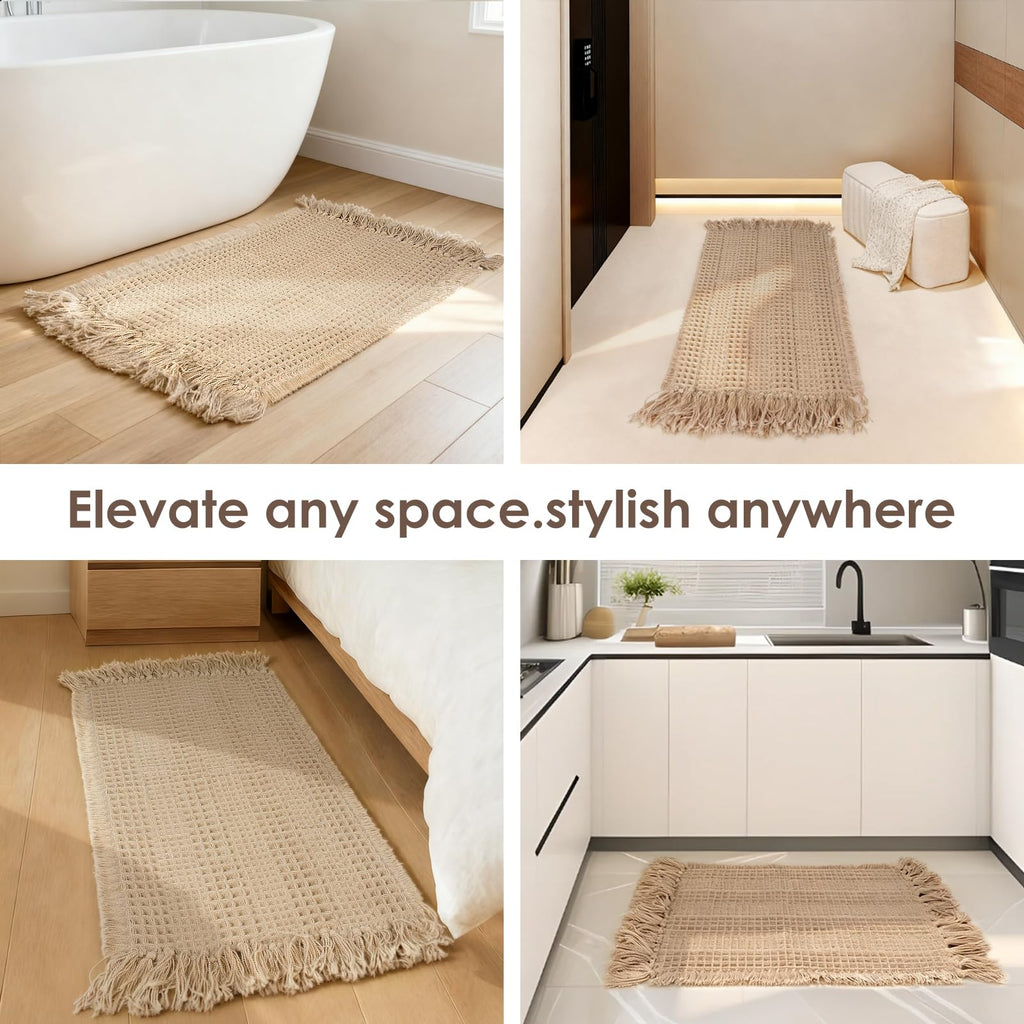 CozeForm Waffle Bath Mat, Super Absorbent Waffle Bathroom Rug with Tassels, Non Slip Bath Mats for Bathroom Floor, Ultra Soft Boho Bath Mat, Quick Dry Shower Mat, Machine Washable, 18"×30", Khaki