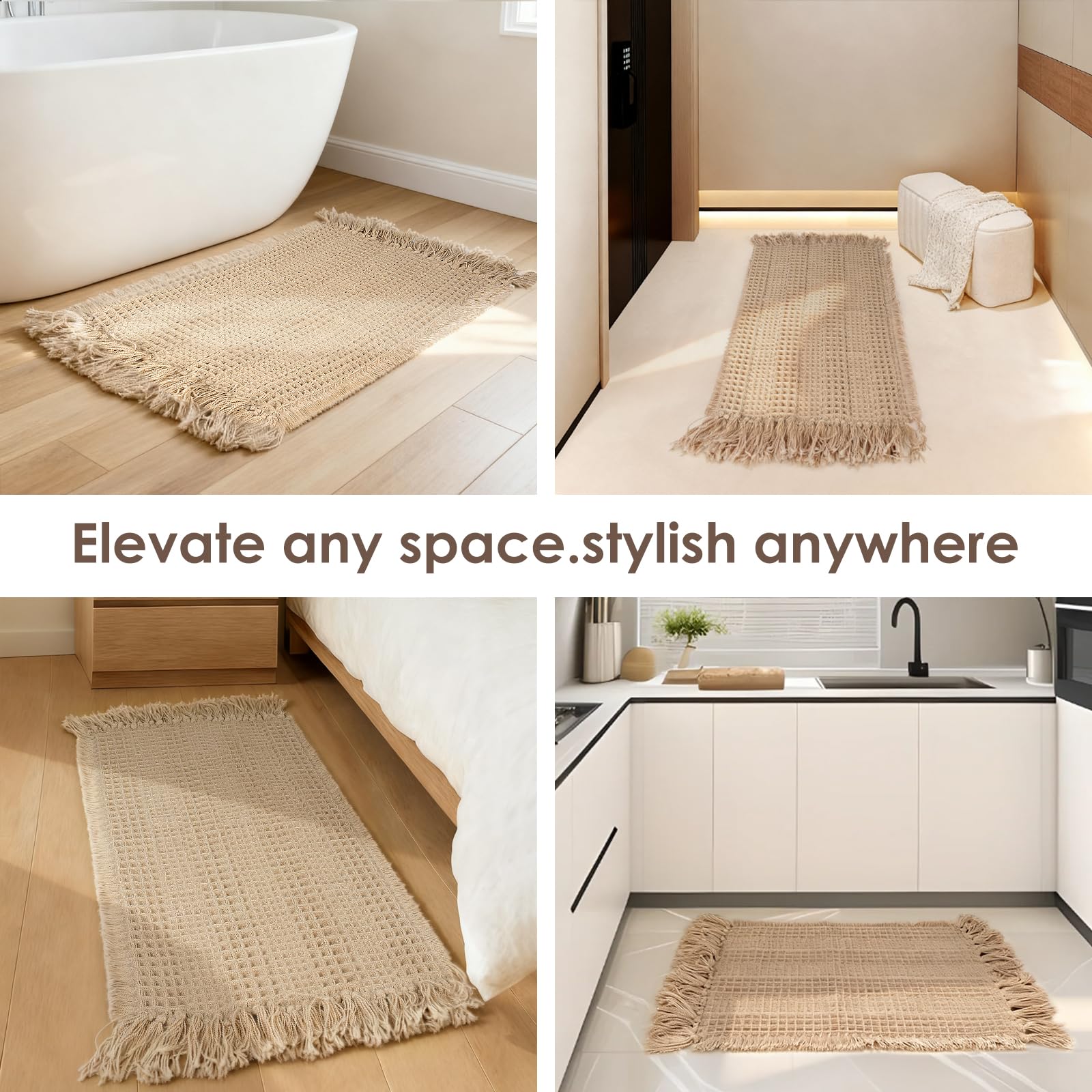 CozeForm Waffle Bath Mat, Super Absorbent Waffle Bathroom Rug with Tassels, Non Slip Bath Mats for Bathroom Floor, Ultra Soft Boho Bath Mat, Quick Dry Shower Mat, Machine Washable, 18"×30", Khaki
