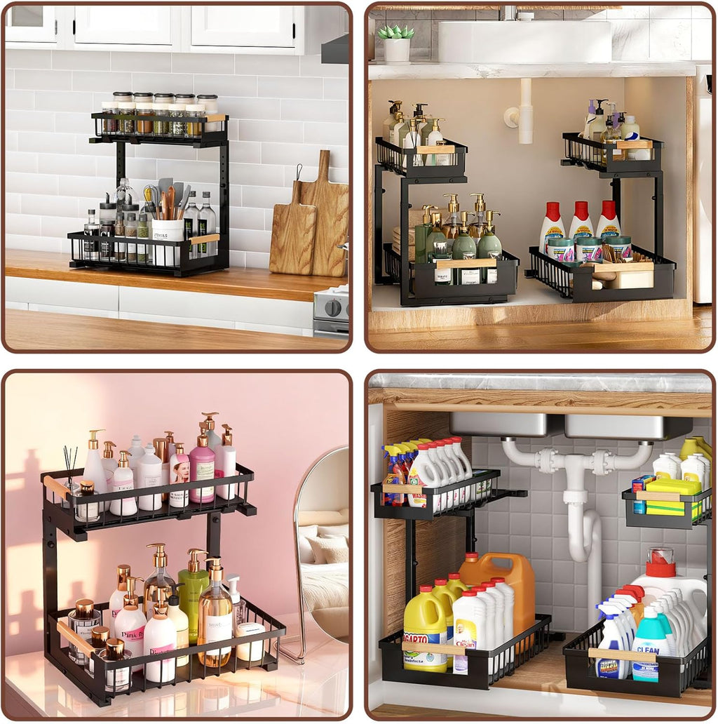 Under Sink Organizer by [Brand Name] - L-Shape 2-Tier Pull-Out Cabinet Storage Rack | Adjustable Height, Black, 2 Pack