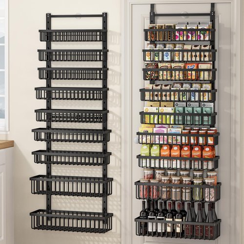 POKIPO 9 Tier Over The Door Pantry Organizer, 2 in 1 Wall Mount or Hanging Spice Rack with Adjustable Basket, Seasoning Organizer and Storage for Kitchen Cabinet Closet Bathroom