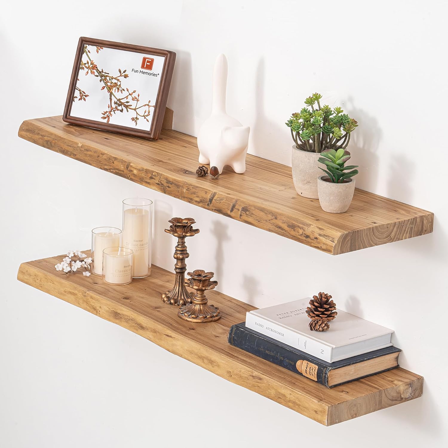 Rustic Elm Wood Floating Shelves by [Brand Name] - Heavy-Duty 36"x9.3" Set of 2 | Invisible Brackets for Living Room & Bedroom