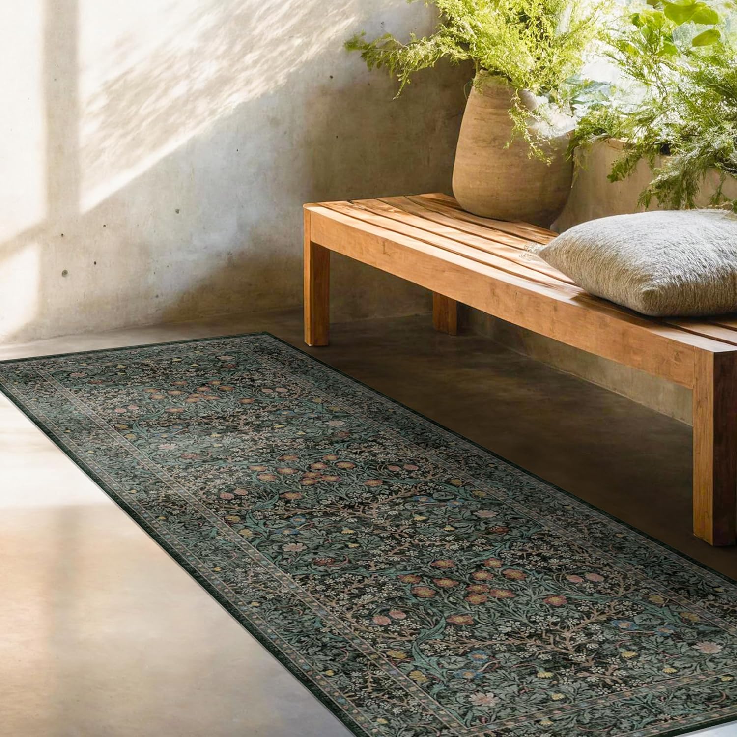 Regine Switzerland Dark Green 2x5 Non-Slip Runner Rug - Washable Floral Boho Design for Entryway