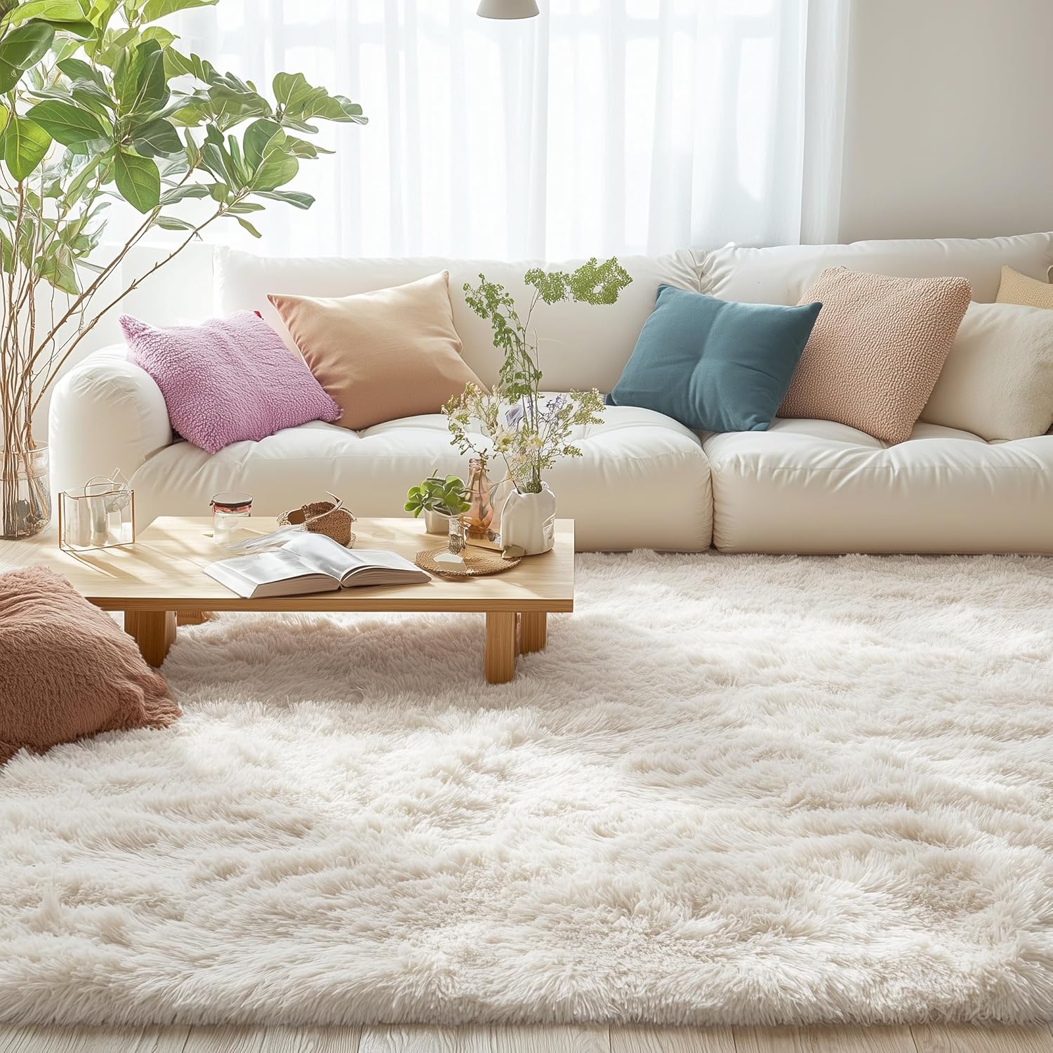 OLANLY Area Rugs - Soft Fluffy Shaggy Indoor Carpet for Living Room & Bedroom | Ivory, 4x7 Size