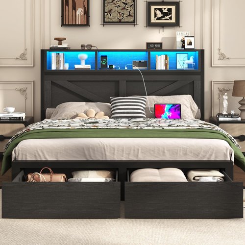 Incyneva Queen Bed Frame - Farmhouse Style with Bookcase Headboard, Charging Station & LED Light, Black