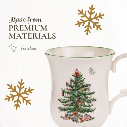 Spode Christmas Tree Footed Mug - 12 Oz Festive Mug for Coffee, Hot Cocoa, Lattes - Romantic Shape with Santa Design, Porcelain Mug - Dishwasher, Microwave, & Freezer Safe, Gift-Boxed (Set of 4)