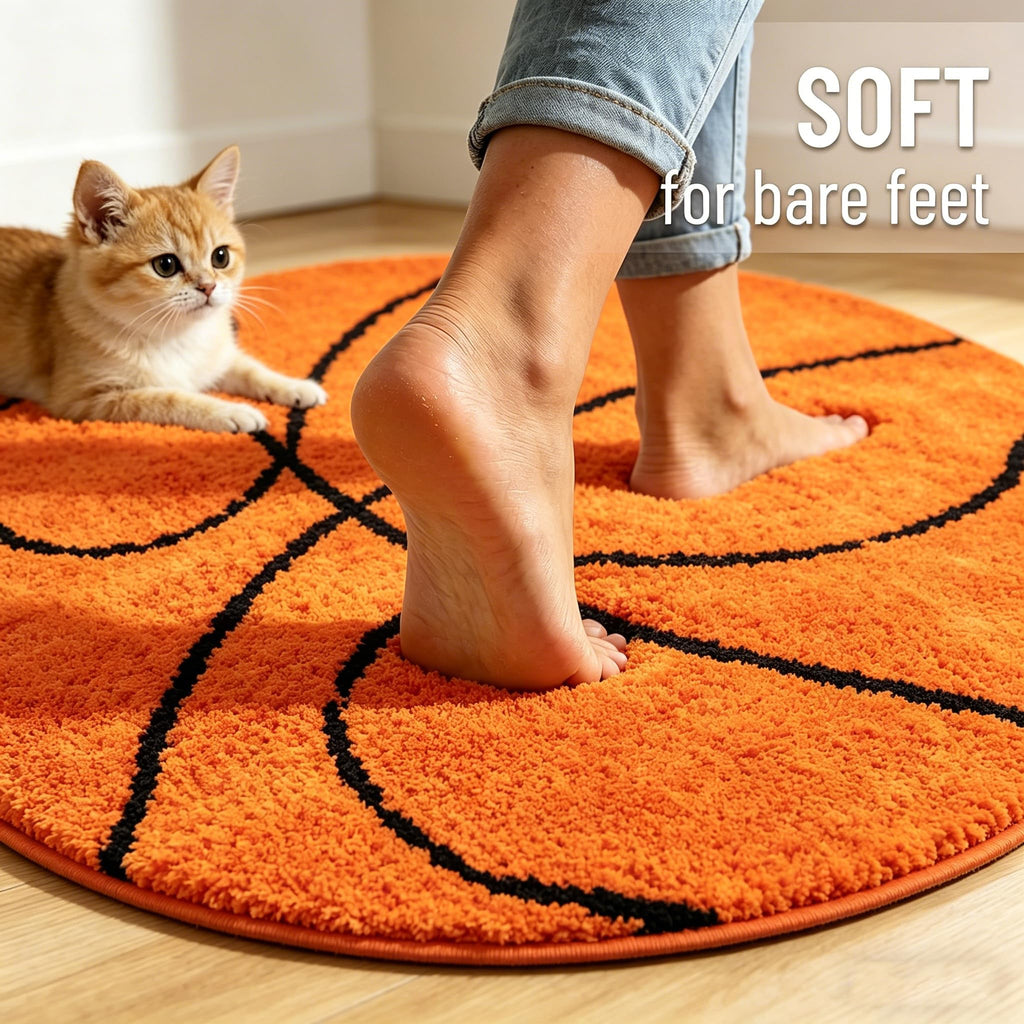Fancytan Round Basketball Rug for Boys Bedroom, Washable Sports Round Rug for Kids Room, Basketball Room Decor, Orange (‌2'8", Round)