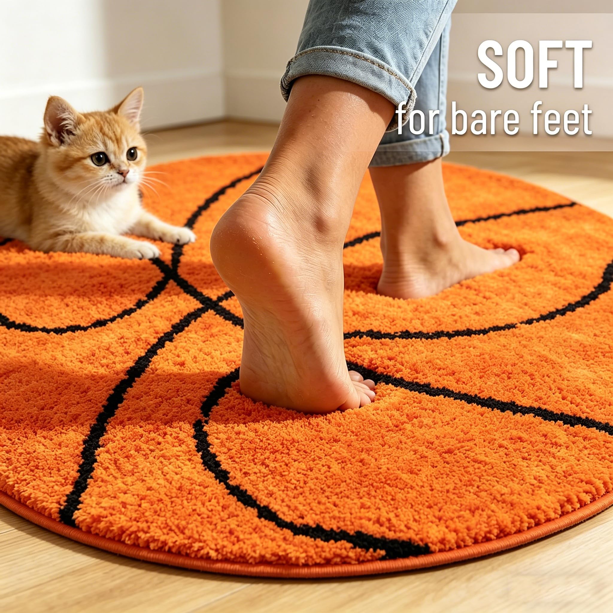 Fancytan Round Basketball Rug for Boys Bedroom, Washable Sports Round Rug for Kids Room, Basketball Room Decor, Orange (‌2'8", Round)