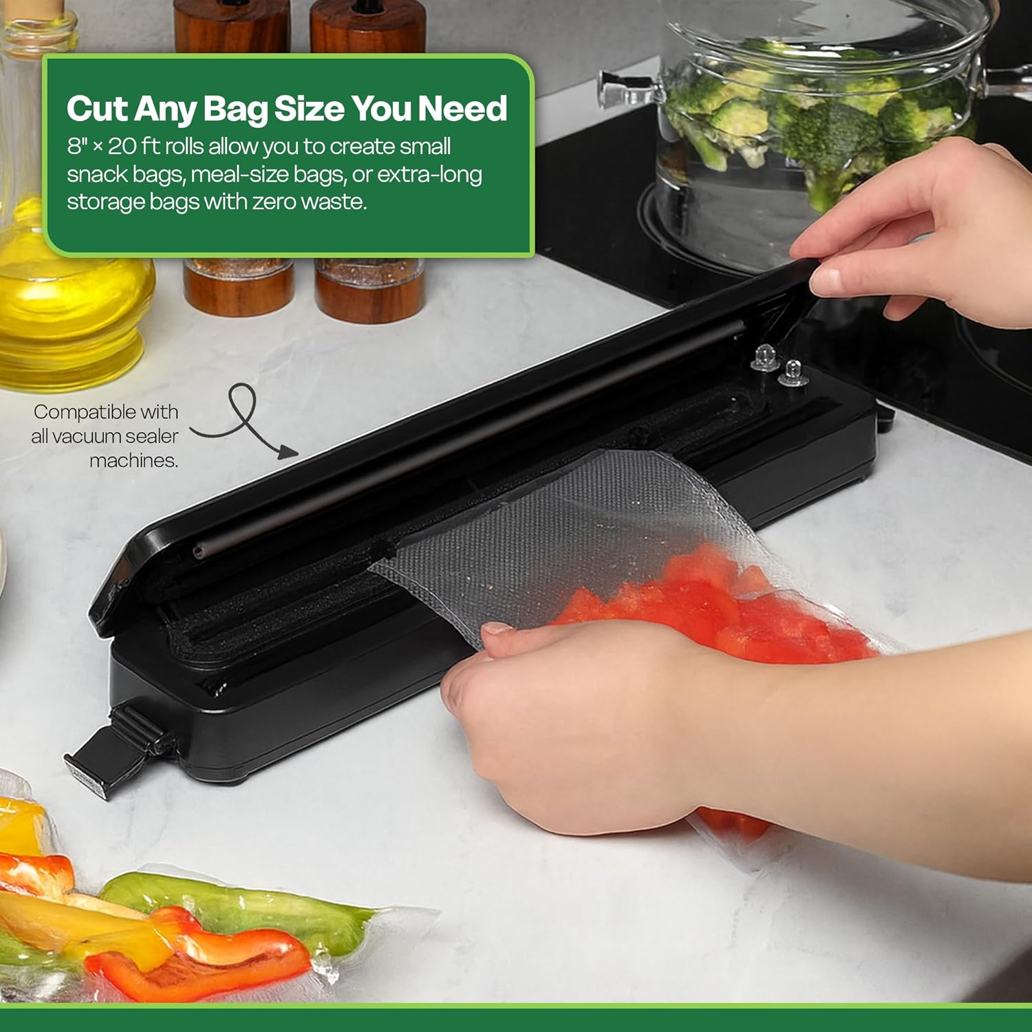 Premium Vacuum Sealer Bag Rolls - Custom Cut Food Storage for Freshness & Meal Prep - 3 Pack (8"x20')