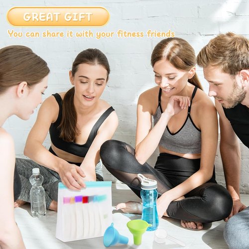 Protein Powder Travel Container Set, Reusable Powder Dispenser Supplement Containers with Funnel, Spoon & Notes, 21PCS Single Dose Bags and 3PCS Large Standable Zip Bags for Workout Fitness Travel