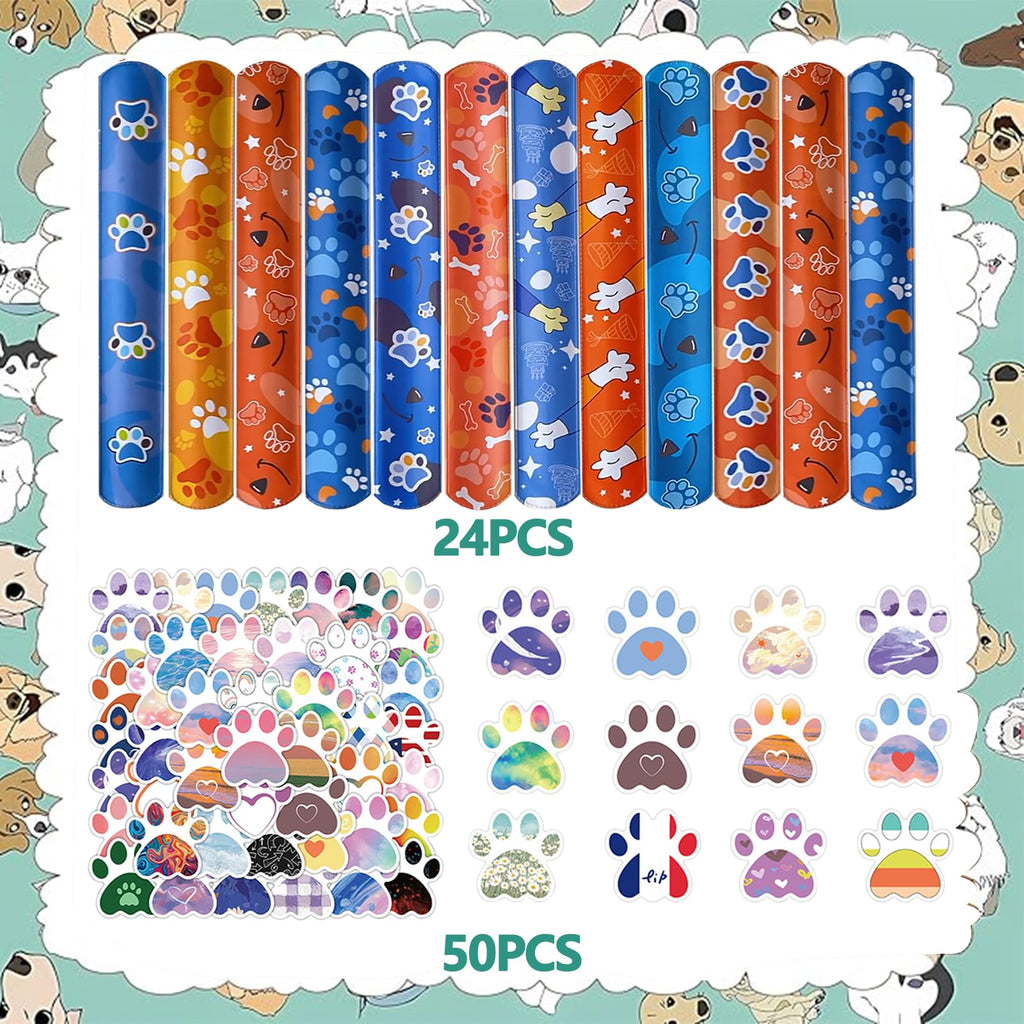QZYCMHOO 74PCS Dog Paw Favor 50PCS Dog Paw Party Stickers&24PCS Slap Bracelets Paw Birthday Supplies Team Gift Filler