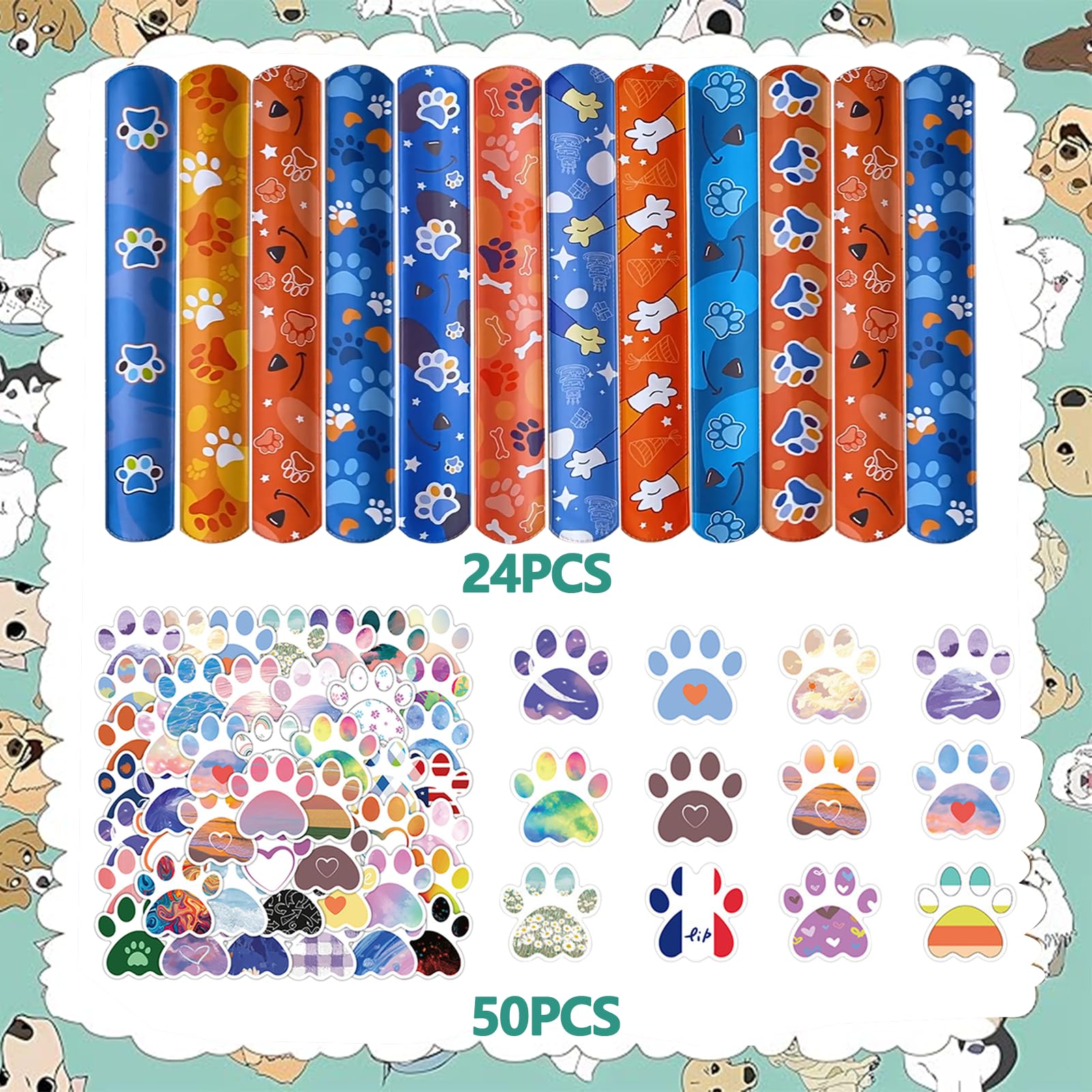 QZYCMHOO 74PCS Dog Paw Favor 50PCS Dog Paw Party Stickers&24PCS Slap Bracelets Paw Birthday Supplies Team Gift Filler