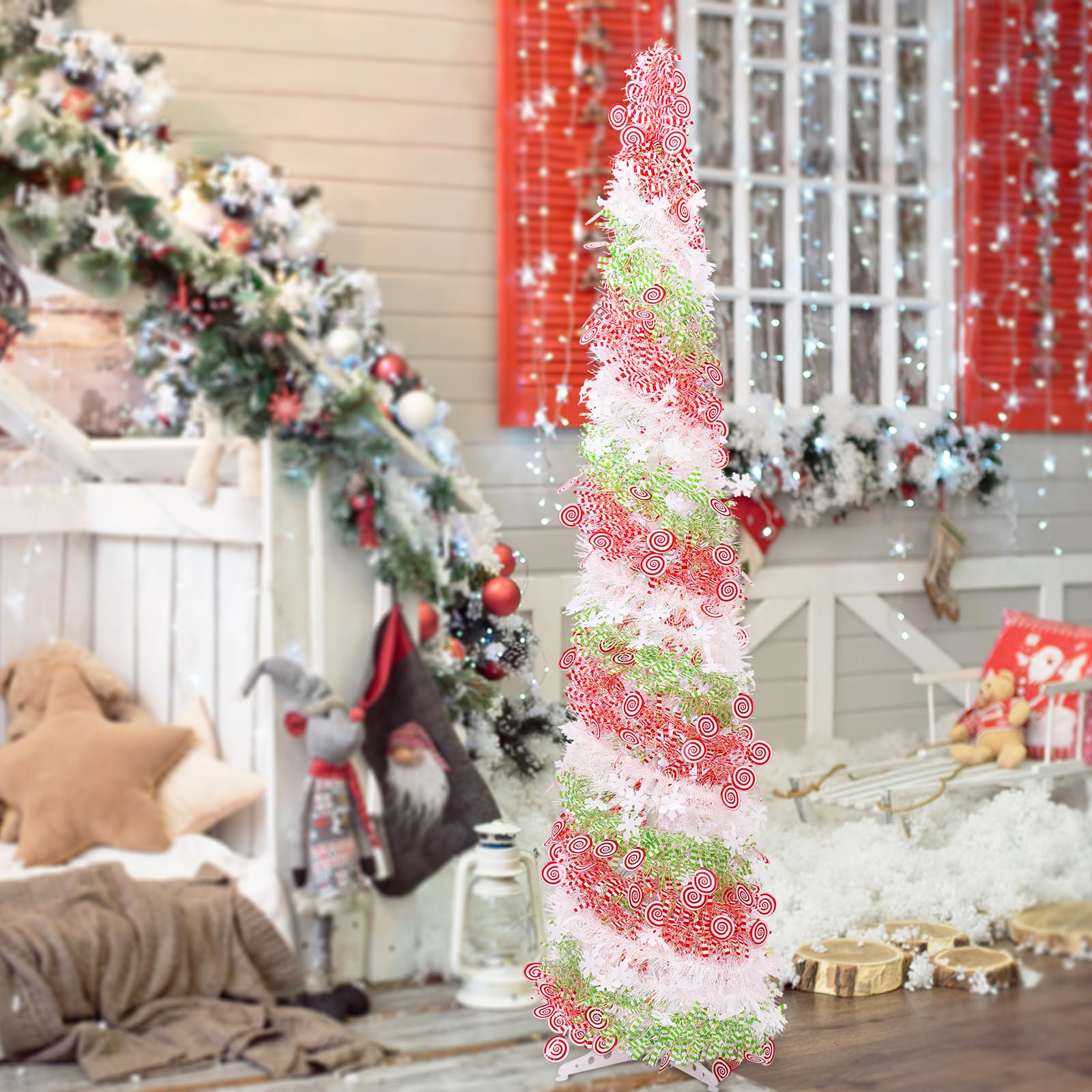 5FT Artificial Pencil Christmas Tree, Red Green White Pop Up Small Christmas Tinsel Tree, for Home Holiday Porch Fireplace Xmas Indoor Party Decoration.