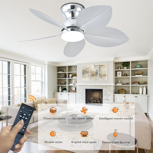 GJeg Tropical Ceiling Fans with Light, 38-inch Flush Mount Palm Leaf Ceiling Fans for Bedrooms, Indoors and Outdoors, Remote Control/APP Control, 6-Speed, Dimmable, Reversible,Chrome