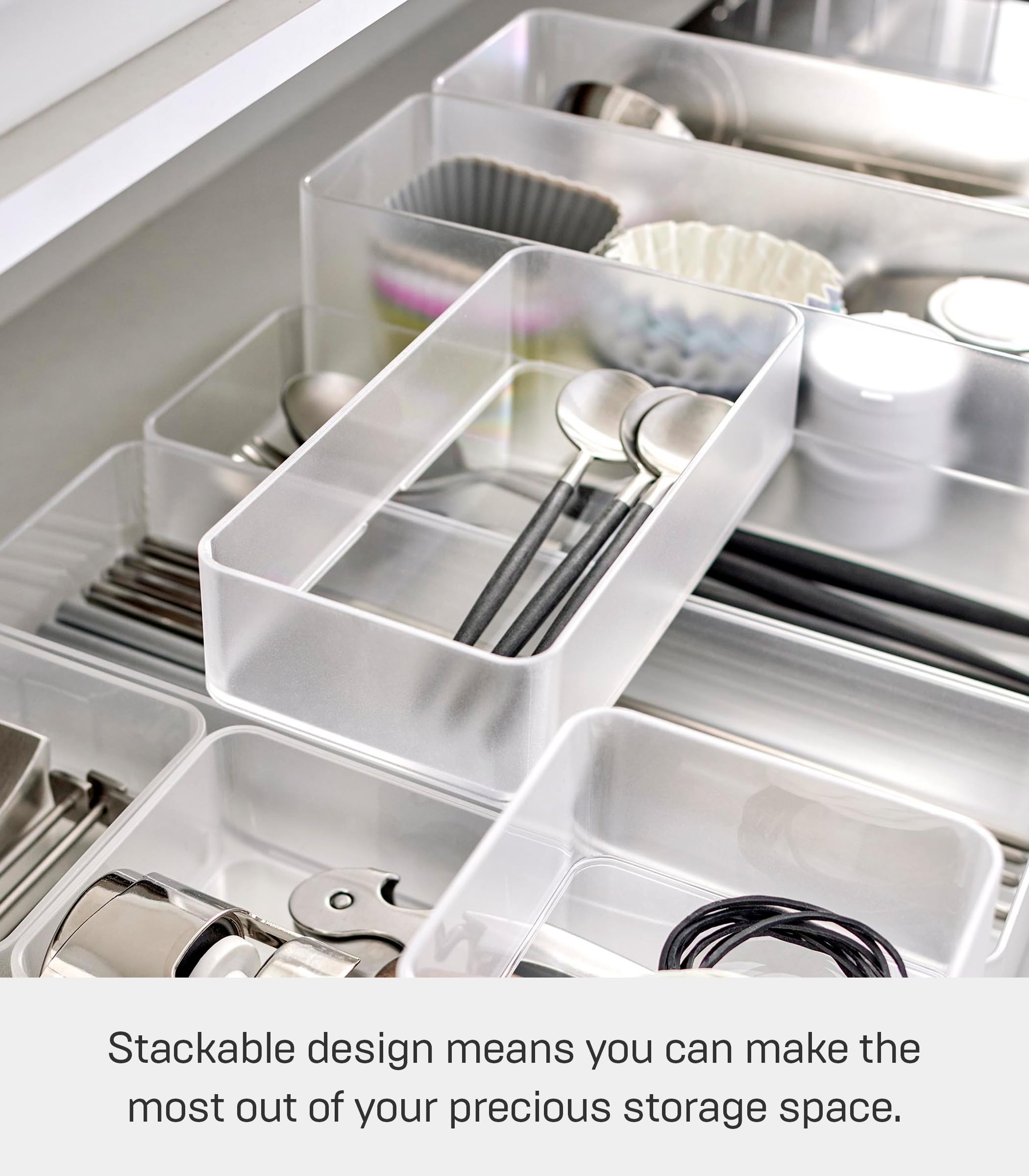 YAMAZAKI Home Tower Set Of 2 Clear Bottom Storage Cases - Stackable Transparent Organization Bins, Medium - Medium - Ps Resin
