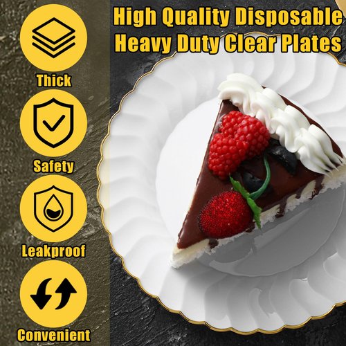 Hushee 100 Pcs Plastic Plates with Gold Trim 6'' Small Round Disposable Vintage Dessert Plates for Party Birthday Buffet Wedding Catering Celebration Reception (White)