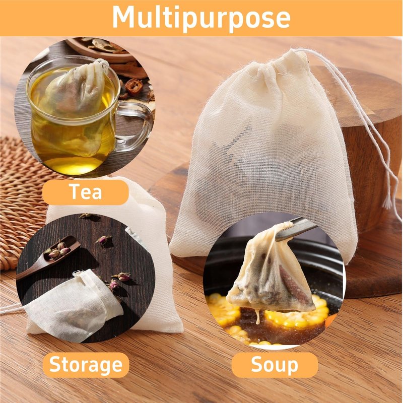 50PCS 2Size Natural Reusable Cotton Muslin Drawstring Bags – Unbleached Tea Filter Bags for Loose Leaf Tea,Herbs,Spices,Soup,Cold Brew Coffee,DIY Sachets,Eco-Friendly & Washable (3x4"+4x6")