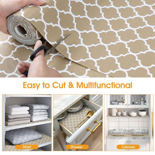 Shinlendid Shelf and Drawer Liner for Kitchen Cabinets Non-Adhesive, Strong Grip Non-Slip Thickened Cabinet Liners for Shelves, Waterproof Mats for Dresser Cupboard, Beige, 12 in x 20 Feet