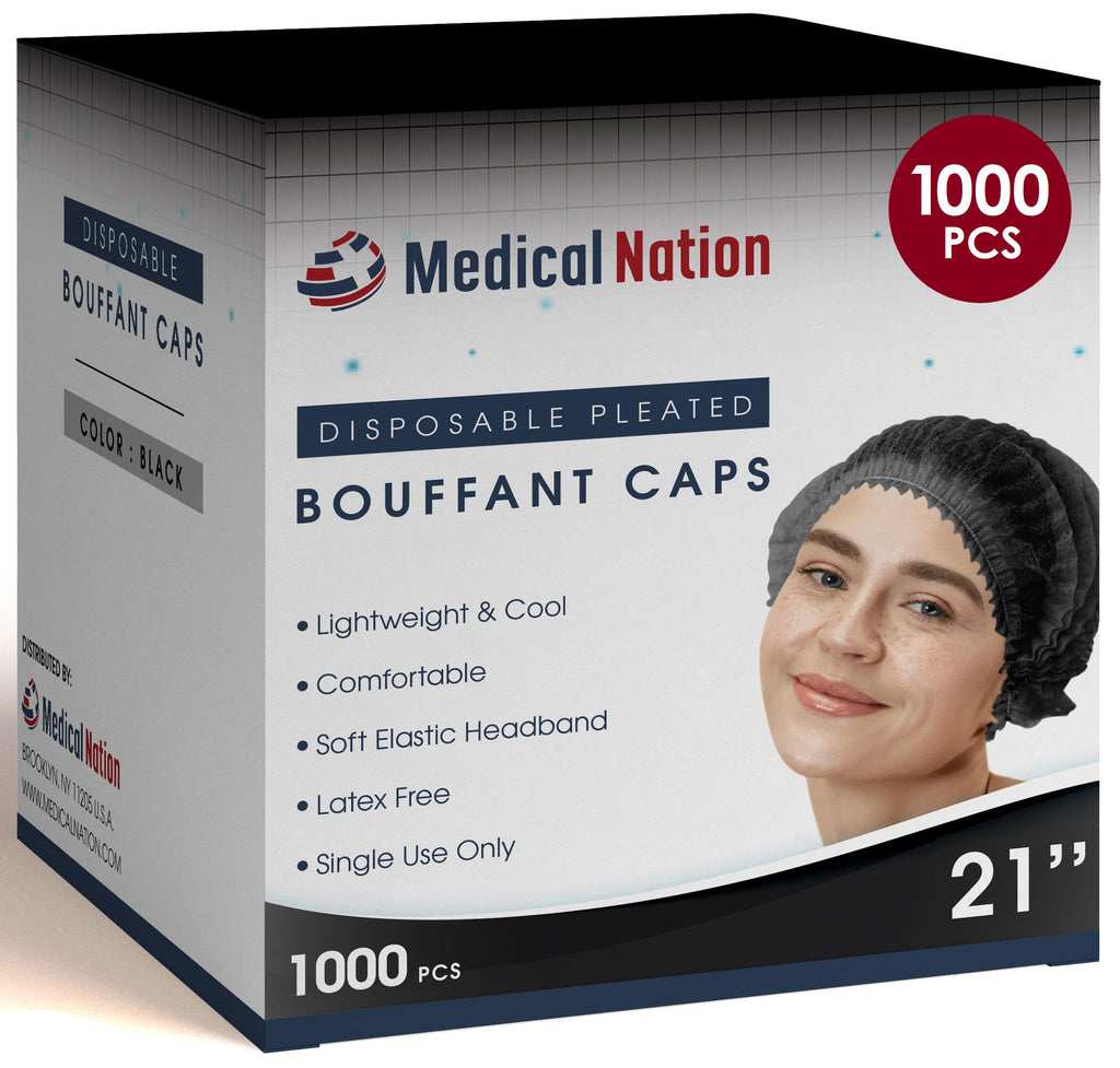 Medical Nation Hair Net, Disposable Pleated Hair Nets |Black, 1000 Count| Bouffant Hair Cap Hair Nets for Food Service, Medical Use - 21" Hairnets for Women & Men - Latex Free with Elastic Band, Black