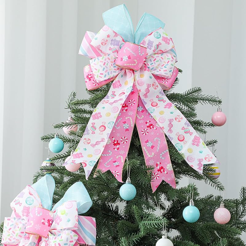 Pastel Candy Christmas Tree Topper Bows, 2 Pack 28x50 cm Pink & White