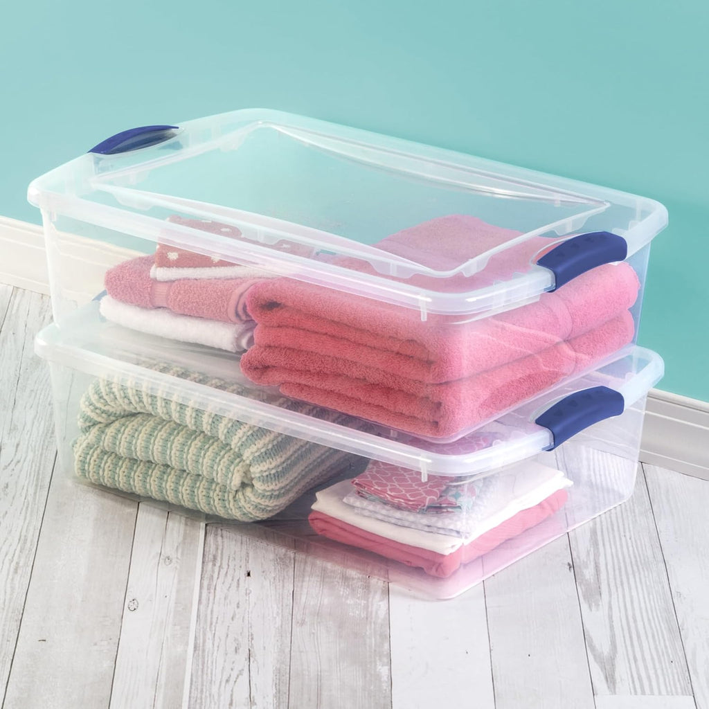 Sterilite 32 Quart Clear Plastic Storage Bins - Stackable Containers with Lids & Blue Latches for Home Organization