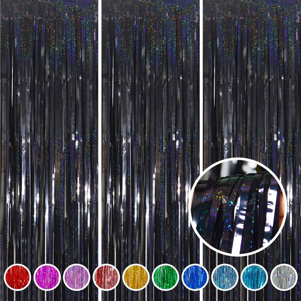 Melsan Graduation Decorations 2026 - Foil Fringe Curtains | 3 Pack Black Tinsel Backdrop 3.2 x 8.2 ft