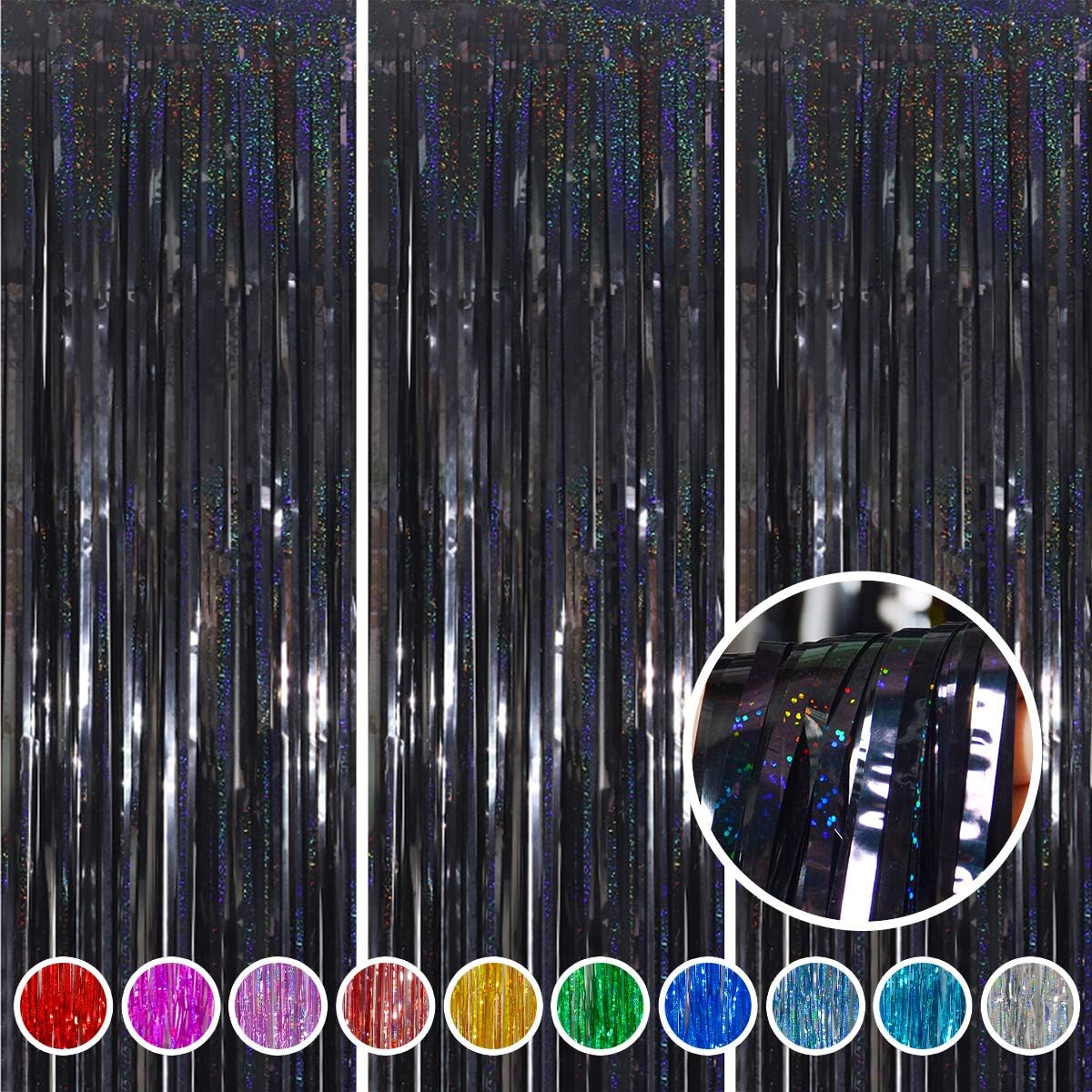 Melsan Graduation Decorations 2026 - Foil Fringe Curtains | 3 Pack Black Tinsel Backdrop 3.2 x 8.2 ft