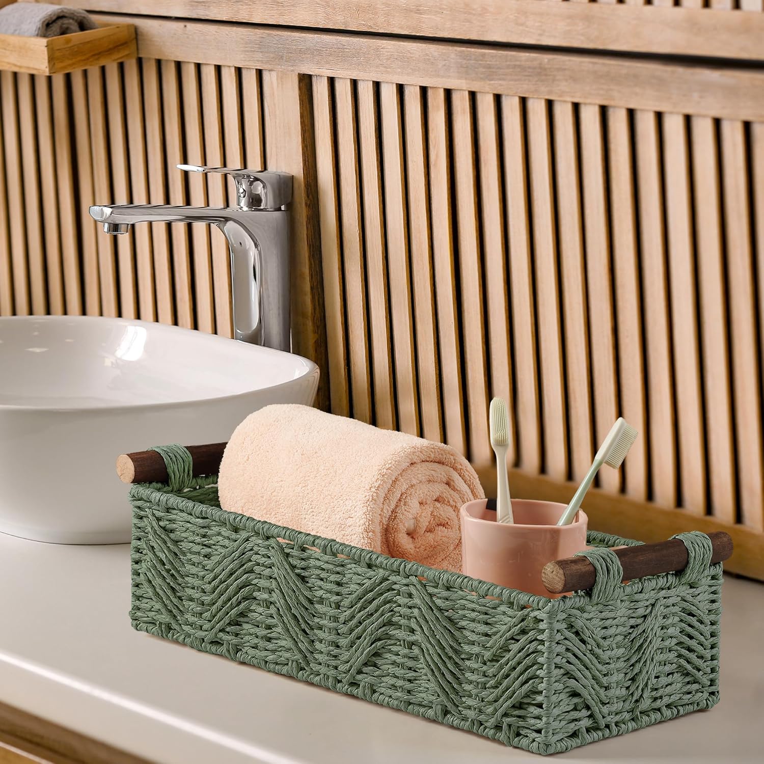 Skiennix Bathroom Baskets - Decorative Organizing Set with Handle for Countertop Storage | Green