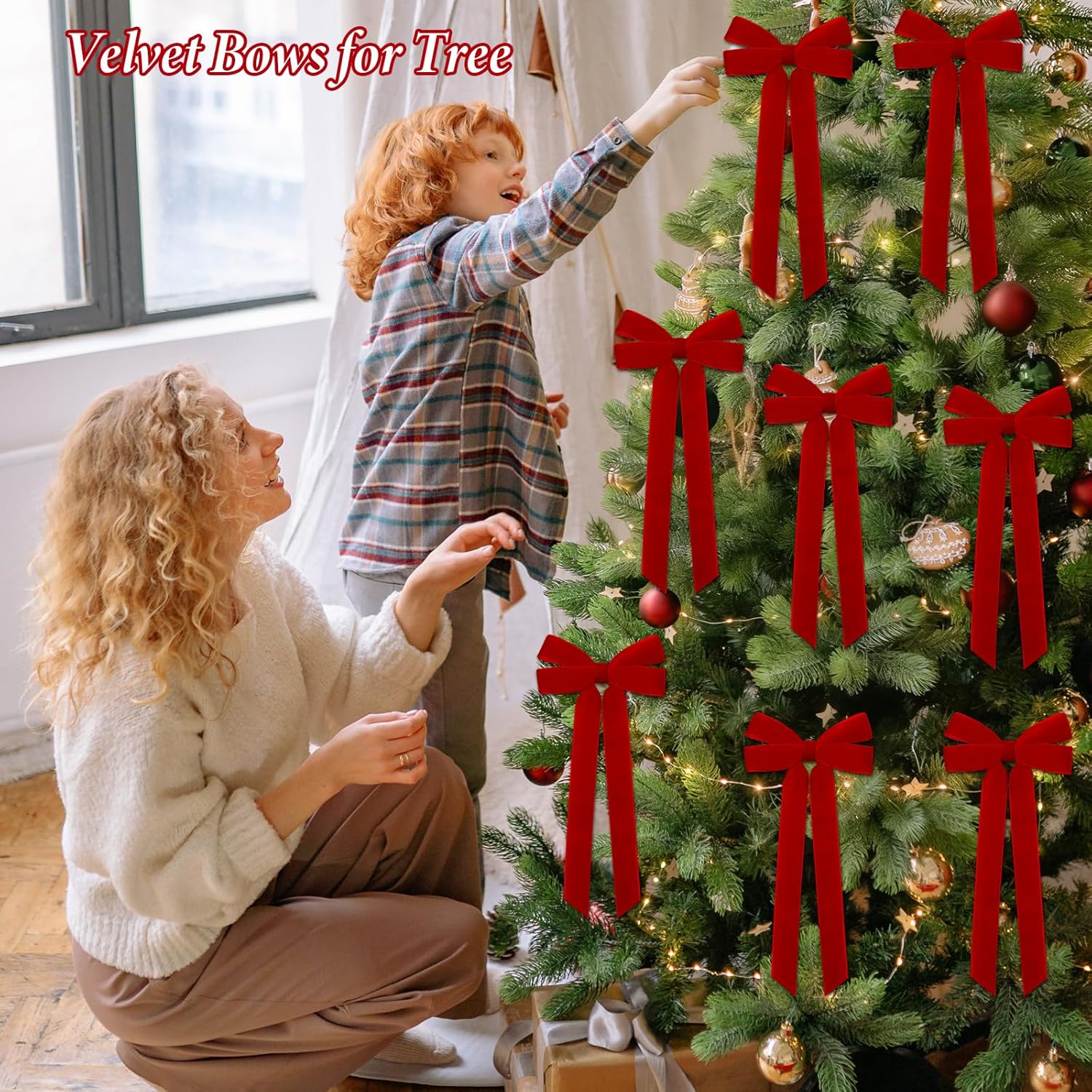 Regine Switzerland 12Pcs Red Velvet Ribbon Bows - 5in X 10in Christmas Tree & Wreath Decorations | Rustic Holiday Decor