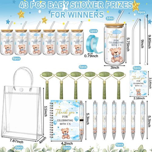 Reallnaive 6 Set Bear Baby Shower Game Prizes for Player Winners Tumblers with Lids Straws Roller for Face Pens Spiral Notebooks Gift Bags for Baby Bridal Shower Wedding Game Favors