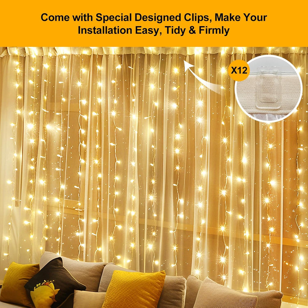 Skiennix 300 LED Fairy Curtain Lights - 9.8 x 9.8FT Warm White USB Plug with Remote | 8 Modes for Christmas, Weddings, Parties