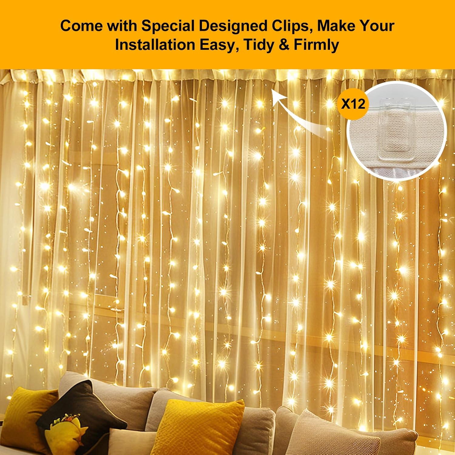 Skiennix 200 LED Fairy Curtain Lights - 6.6 x 6.6 FT Warm White USB Plug with Remote | 8 Modes for Indoor & Outdoor Decor