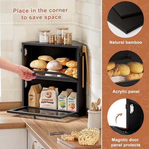 WOWLIVE Corner Bread Box for Kitchen Countertop, Large Double Layer Bread Storage Container for Homemade Bread, Black Bread Holder for Kitchen Counter, Under Cabinet Organizer (Black, Extra Large)