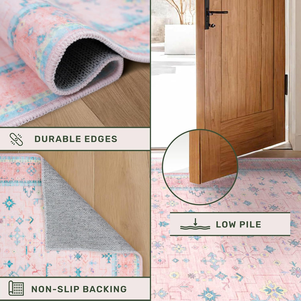 Oushak Rugs | Washable Pink & Blue 9x12 Area Rug for Living Room & Bedroom | Soft, Non-Slip, Floral Design