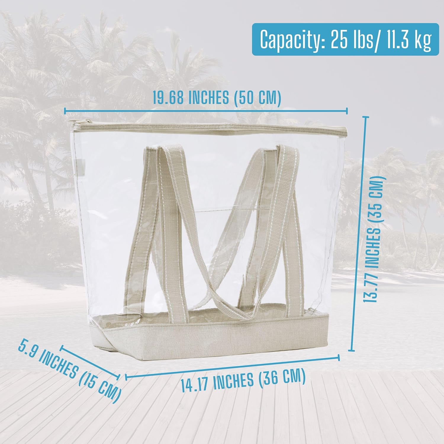 VENO Clear Beach Bag - Large Transparent Tote for Swim, Pool & Gym | Summer Vacation Essentials - Beige