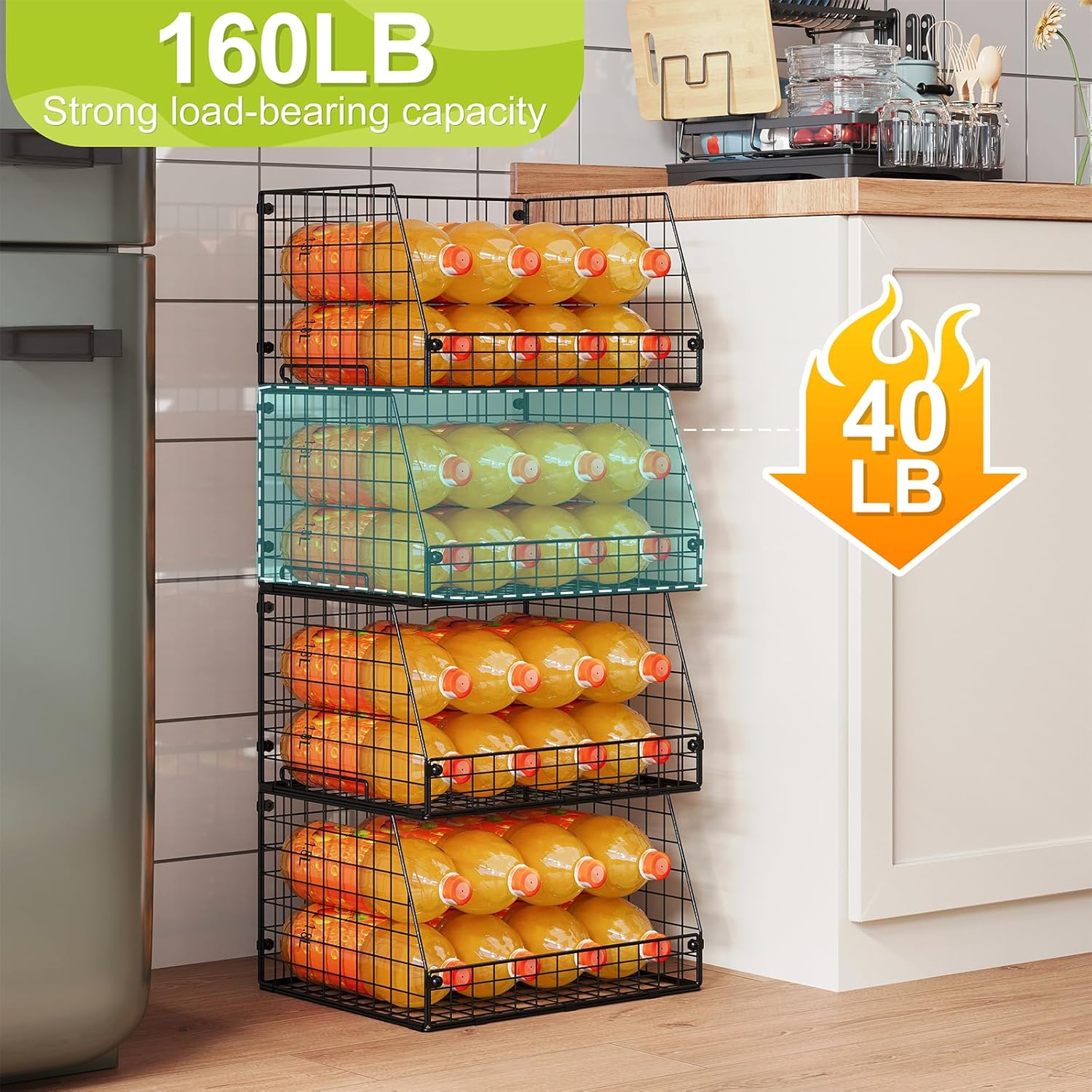Skiennix XXL Stackable Wire Storage Baskets - Extra Large Pantry Organizer for Fruits, Vegetables & Snacks