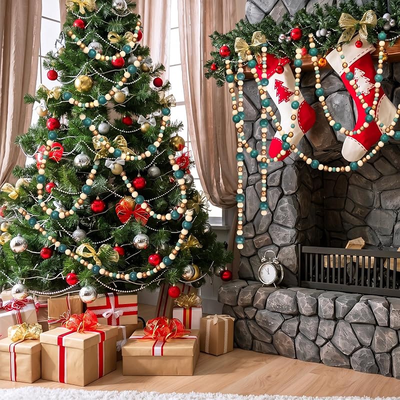 Sage Green & Natural 4 Pcs Wood Bead Garland 28.8 ft – Farmhouse Christmas Decor (Variation: Sage Green, Natural)