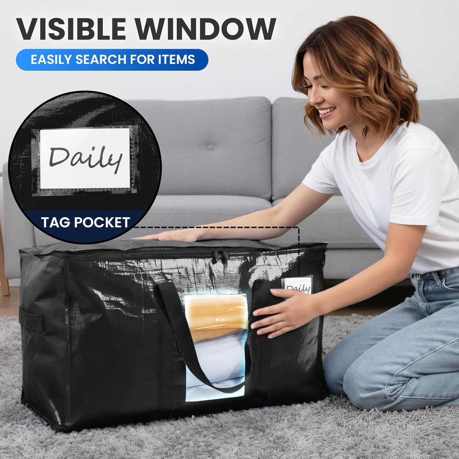 TAILI Extra Large Moving Bags - 4 Pack Heavy Duty Black Totes with Visible Window & Wrap Around Handles