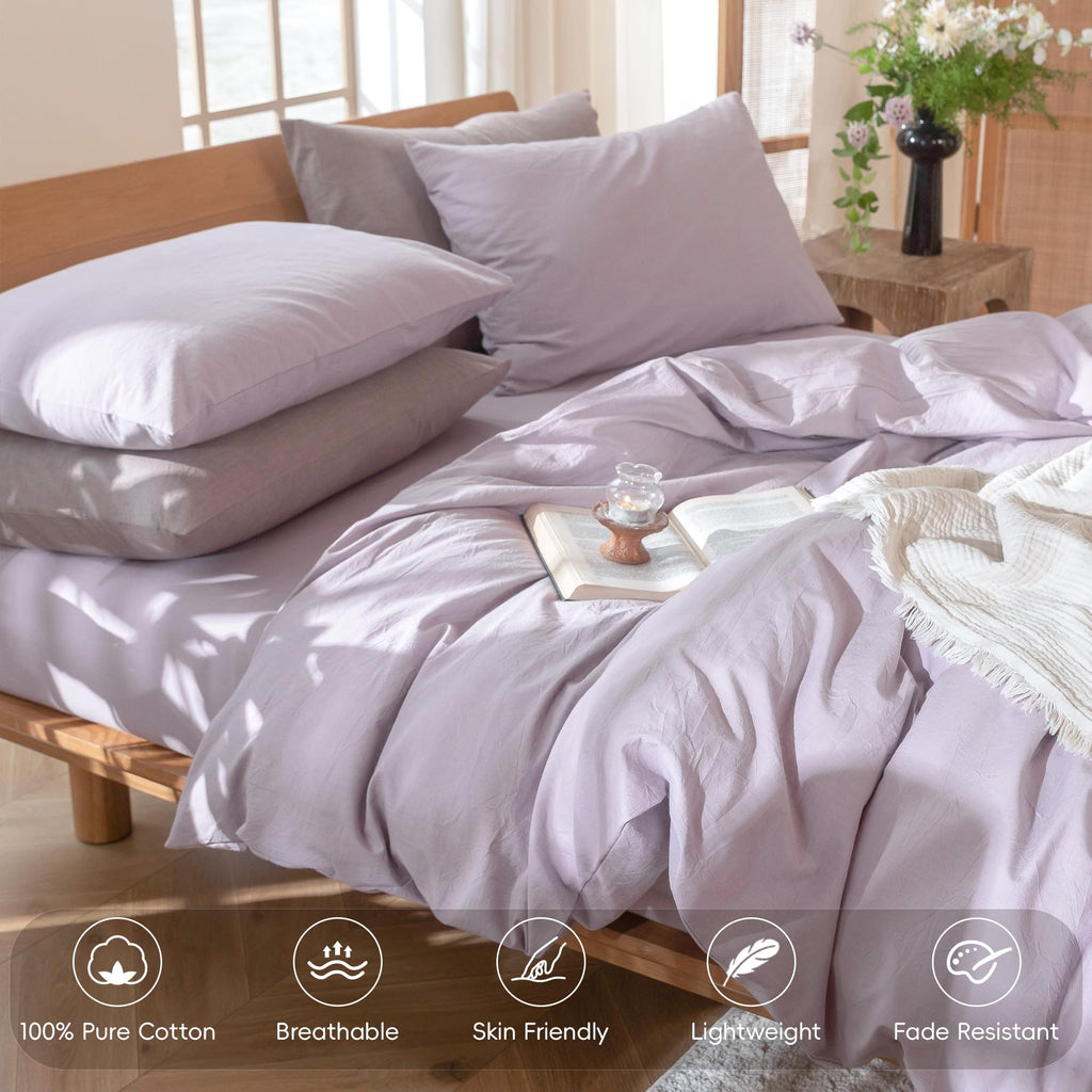 MooMee Bedding Pillowcases Pack of 2 100% Washed Cotton Linen Like Textured Breathable Durable Soft Comfy (Heathered Light Purple, Standard)