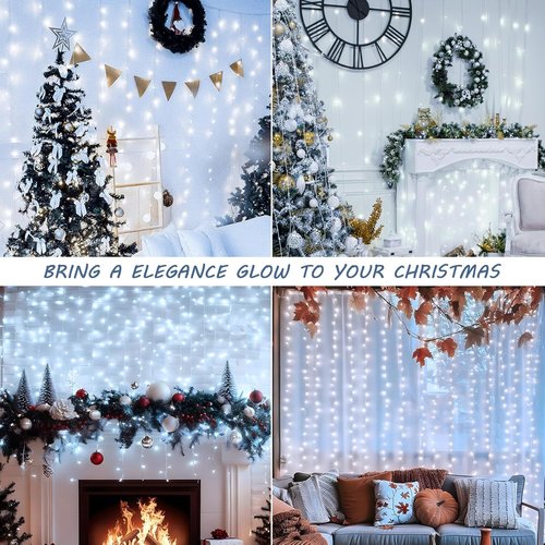 HEYFUNi 304 LED Curtain Lights - 9.8Ft x 9.8Ft Connectable Fairy Lights with 8 Modes for Bedroom & Wedding Decor - White