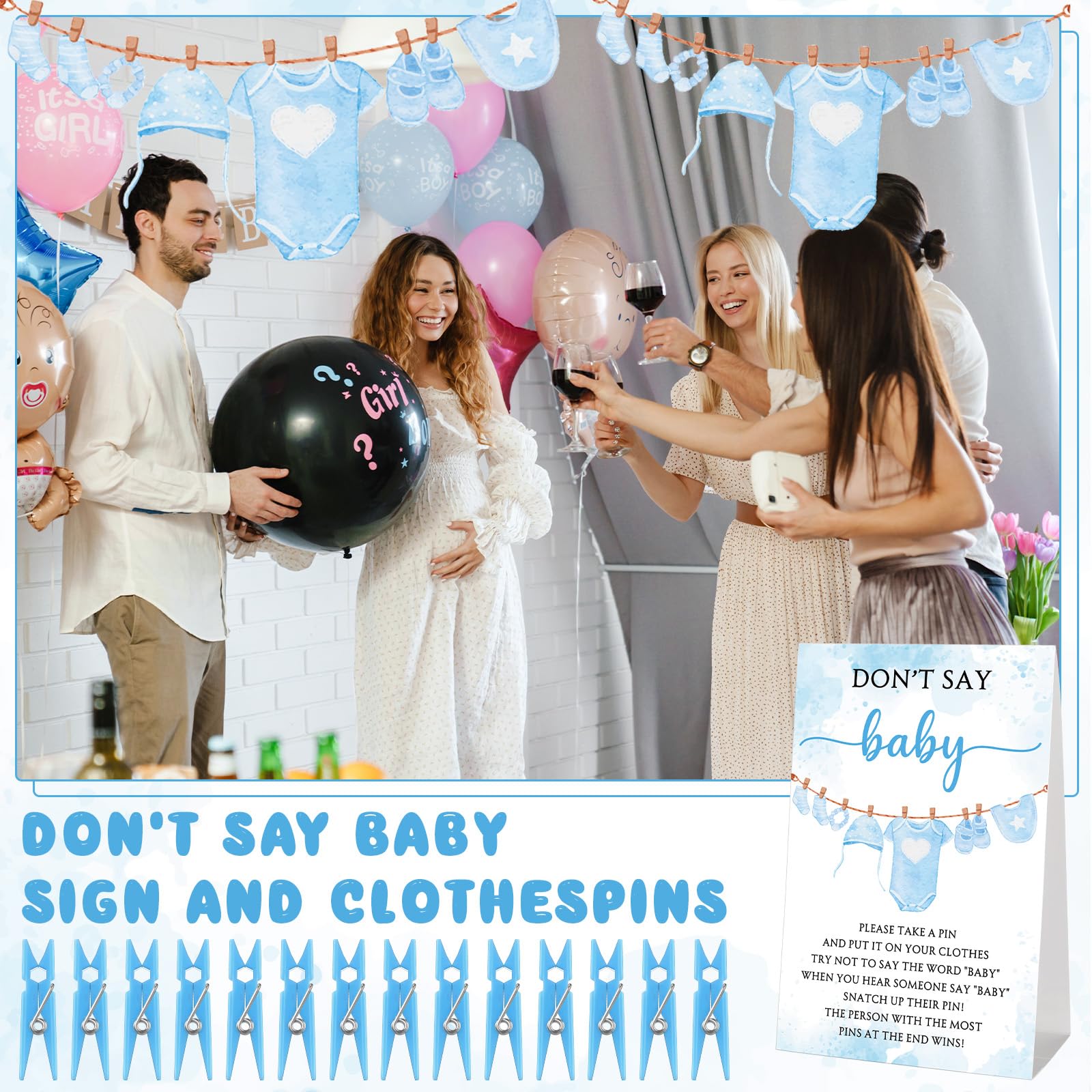 Cinnvoice 51 Pcs Baby Shower Games Supplies Include Blue Clothespins Don't Say Sign and 50 Plastic Clip Funny Baby Shower Party Decorations for Gender Reveal Favors