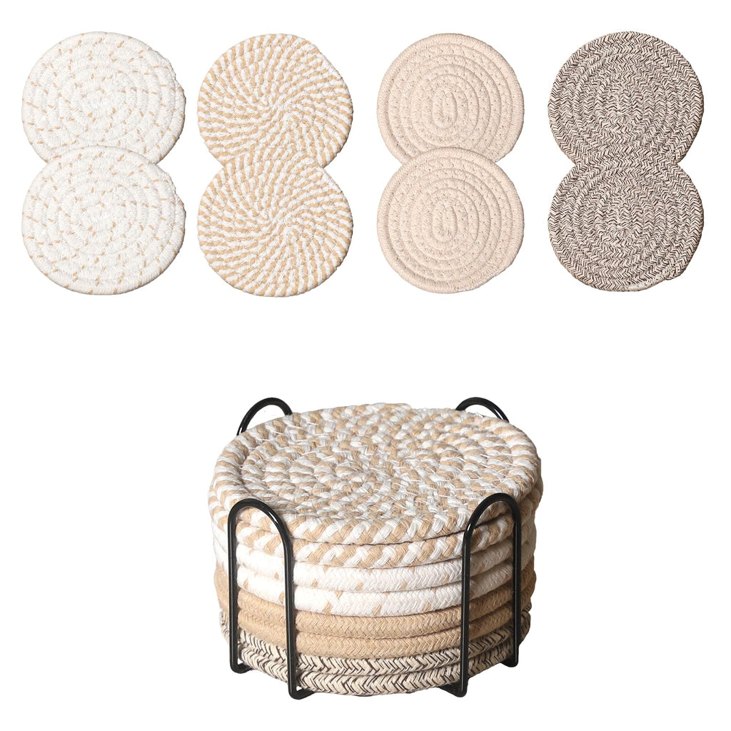 ZEXOLAP Drink Coasters Set of 8 with Holder – Cotton Woven Absorbent Coasters, 4 Colors for Coffee, Beer, Drinks & Tabletop Protection