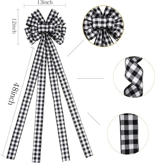 Christmas Checked Tree Topper - Large 48x13 Inch Black and White Plaid Decorative Bow