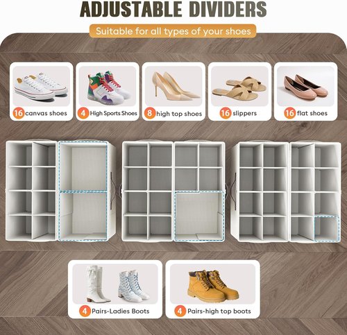 Budding Joy Shoe Organizer - Clear Foldable Storage Containers with Adjustable Dividers | Fits 16 Pairs, Beige