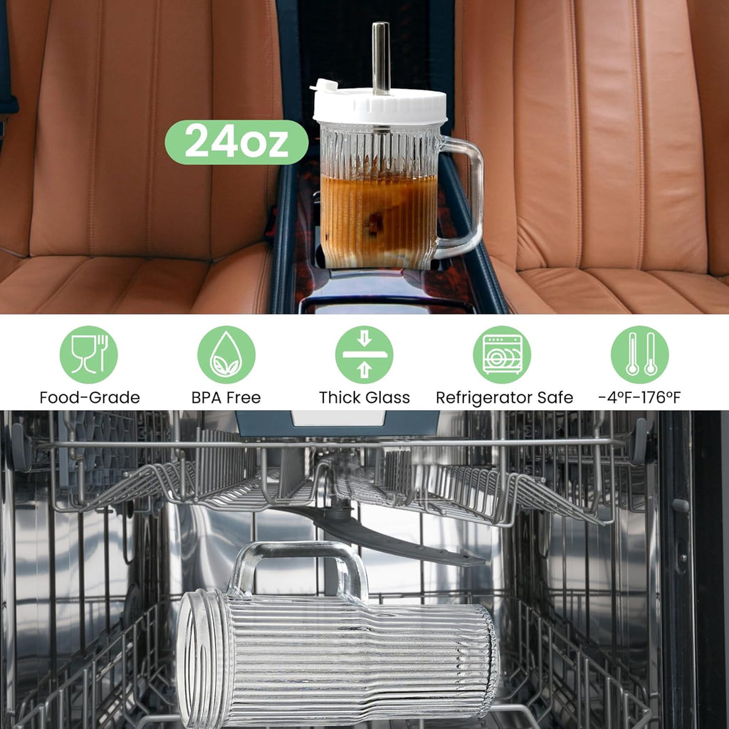 Birity 24oz Ribbed Glass Cup Set - Reusable Tumbler with Lids & Straws | Perfect for Iced Coffee, Smoothies & More