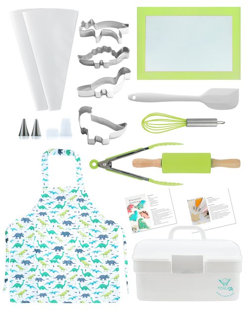 Tovla Jr. Kids Baking Gift Set with Storage Case - Cooking Kit for Children - Educational Baking Sets - Real Kid Baking Supplies with Decorating Tools Set with Apron… (Dinosaur)