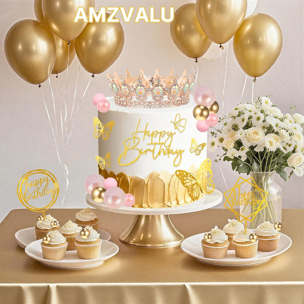 AMZVALU Crown Cake Topper Set - 3 Happy Birthday Decorations with Rose Gold Butterflies & Candles