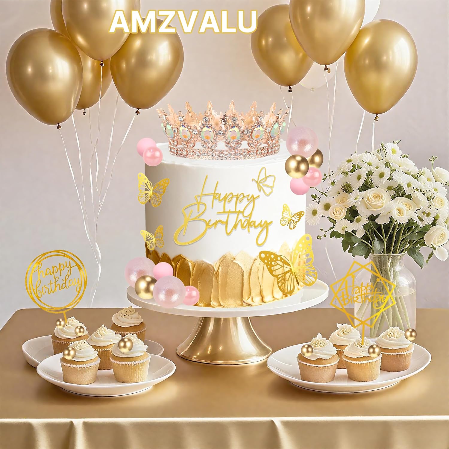 AMZVALU Crown Cake Topper Set - 3 Happy Birthday Decorations with Rose Gold Butterflies & Candles