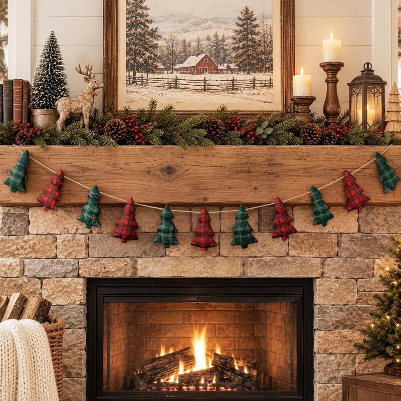Christmas Garland Banner with Red & Green Plaid Trees for Mantle - Farmhouse Decor