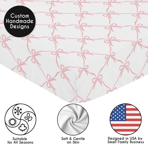Sweet Jojo Designs Fitted Baby Crib Sheets (Pink Bows) for Girls, Infant Nursery, Toddler Bed Room - Standard Size Mattress (Blush and White Bow for The Ballerina Ballet Dancer Princess Collection)